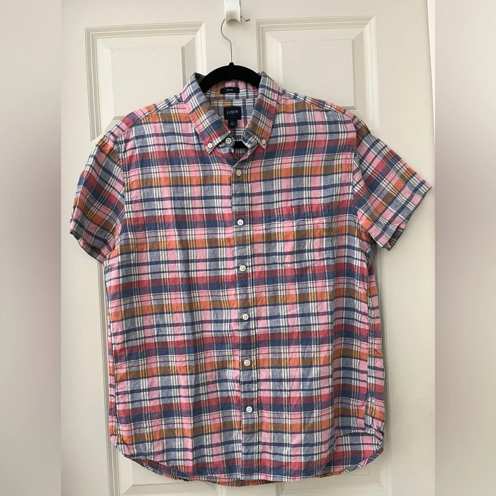 Men’s J. Crew Linen Blend Plaid Camp Short Sleeve Slim Fit Shirt L Preppy Casual